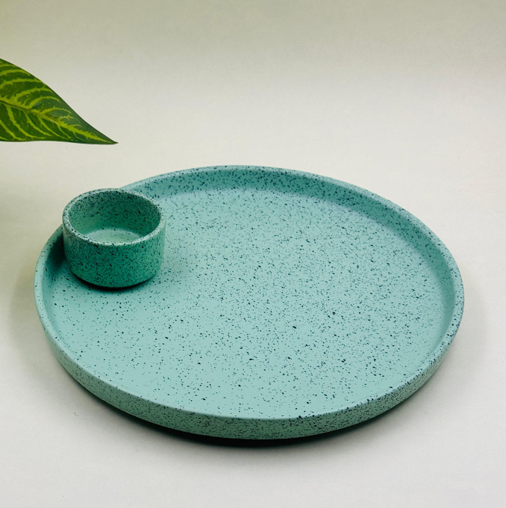 Crisp Blue Ceramic Dinner Flat Plate with Bowl ( 10 Inc )