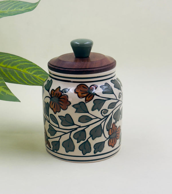 Ceramic Jar with Wooden Lid  Airtight (500 ml approx)