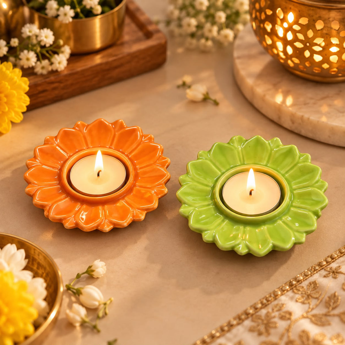 Ceramic Flower Tealight Holder – Orange & Green Candle Decor