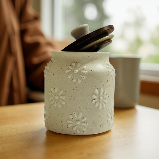 Floral Embossed Ceramic Storage Jars with Wooden Lid