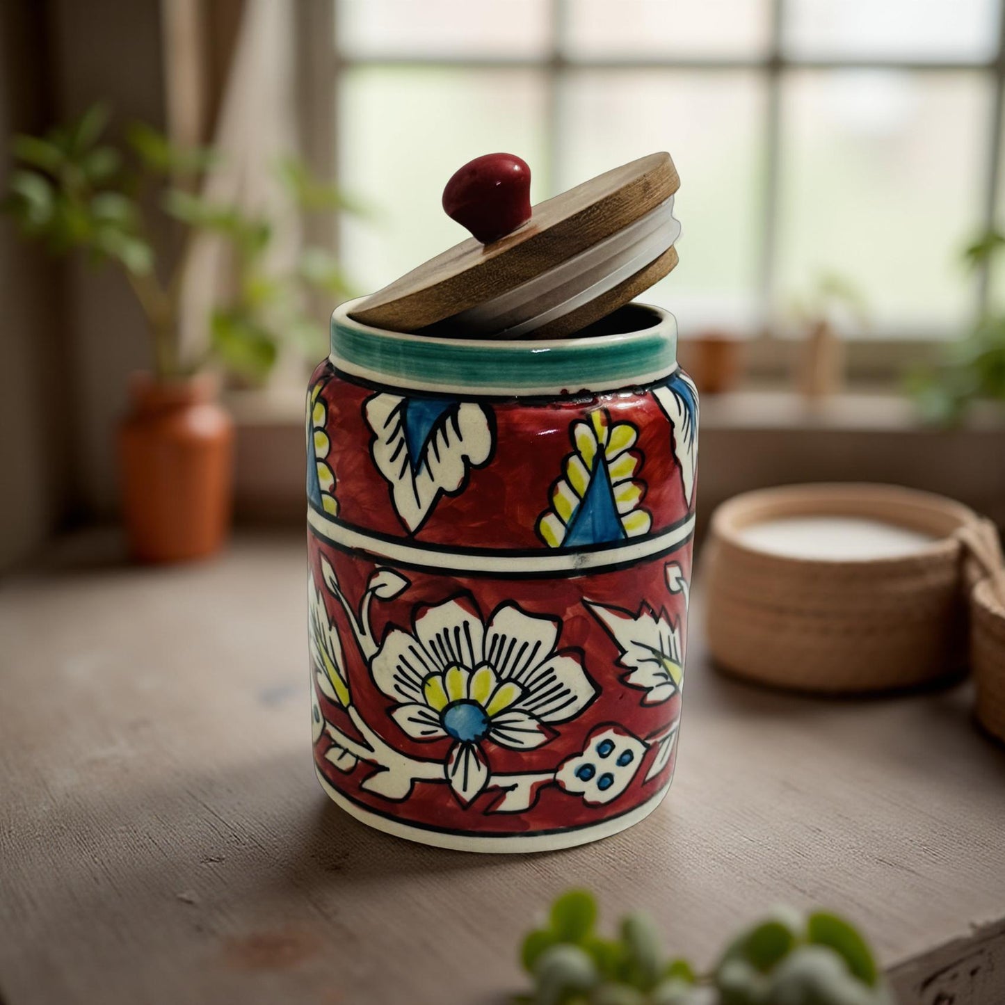 Handpainted Red Floral Ceramic Jars with Wooden Lid – Set of 2