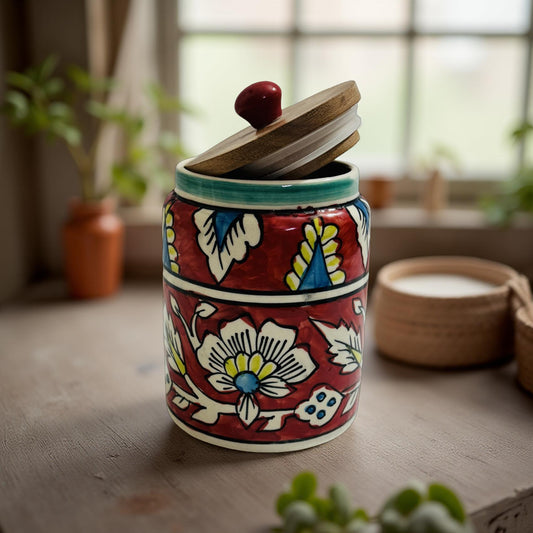 Handpainted Red Floral Ceramic Jars with Wooden Lid – Set of 2