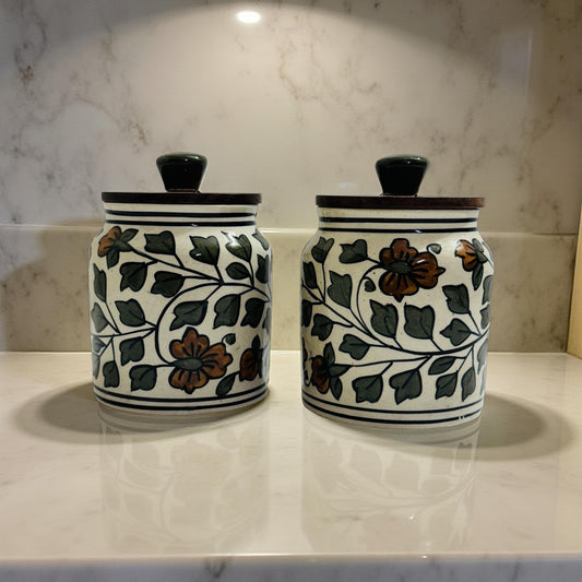 Ceramic Jar with Wooden Lid  Airtight (500 ml approx)
