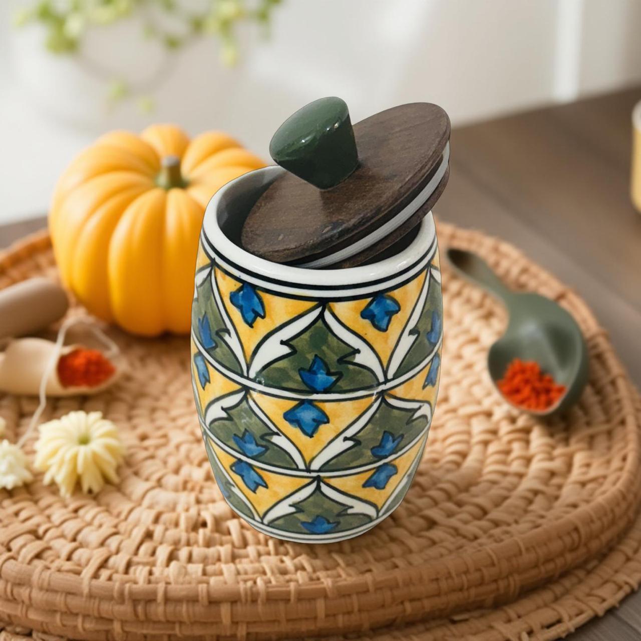 Lupaava Heritage Tile Ceramic Storage Jar with Wooden Lid