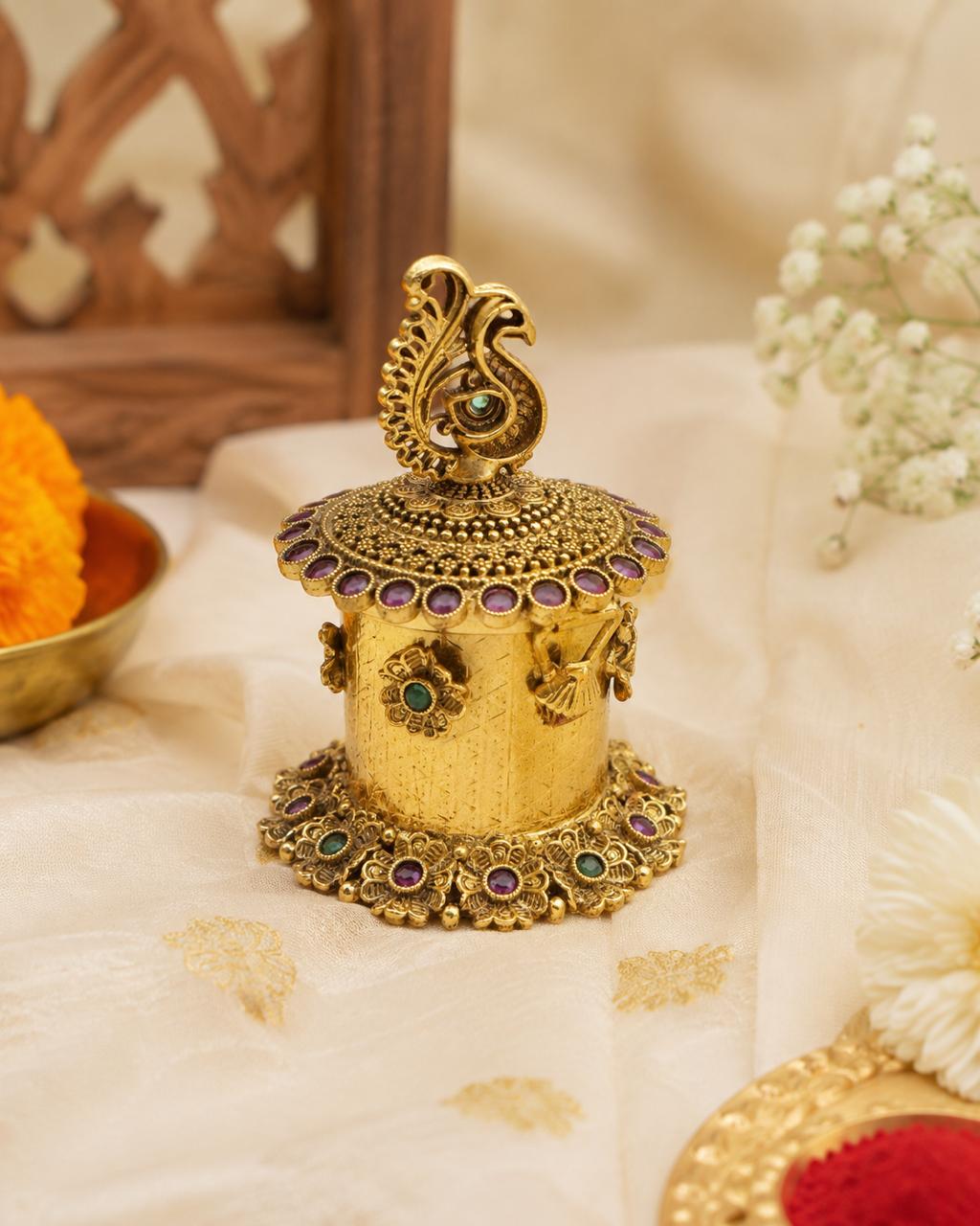 Royal Peacock Brass Kumkum Box – Handcrafted Sindoor Dani for Pooja & Bridal Rituals