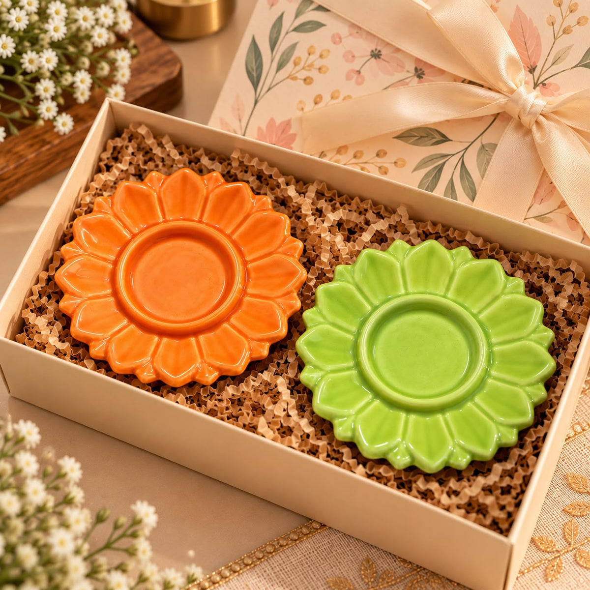 Ceramic Flower Tealight Holder – Orange & Green Candle Decor