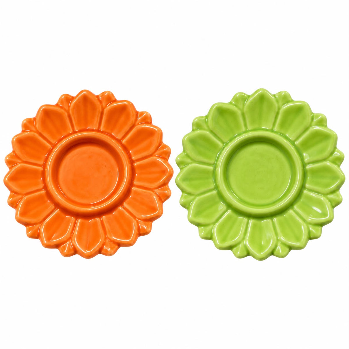 Ceramic Flower Tealight Holder – Orange & Green Candle Decor