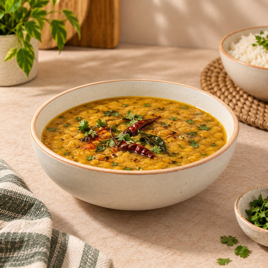 A ceramic bowl filled with a yellow lentil soup or dal, garnished with cilantro and red chilies, set on a beige table with a small plant, a bowl of white rice, and a striped cloth nearby.