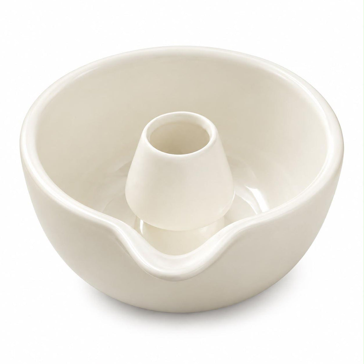 A white ceramic crucible with a central insert and a small pouring spout, shown on a clean white background.
