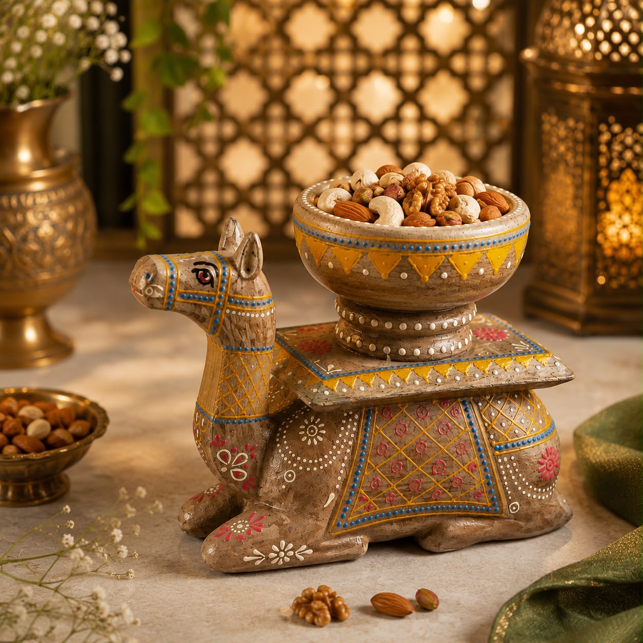 A decorative ceramic camel-shaped pedestal bowl filled with mixed nuts and cashews, styled on a tabletop with warm ambient lighting, brass lanterns, and small floral accents.