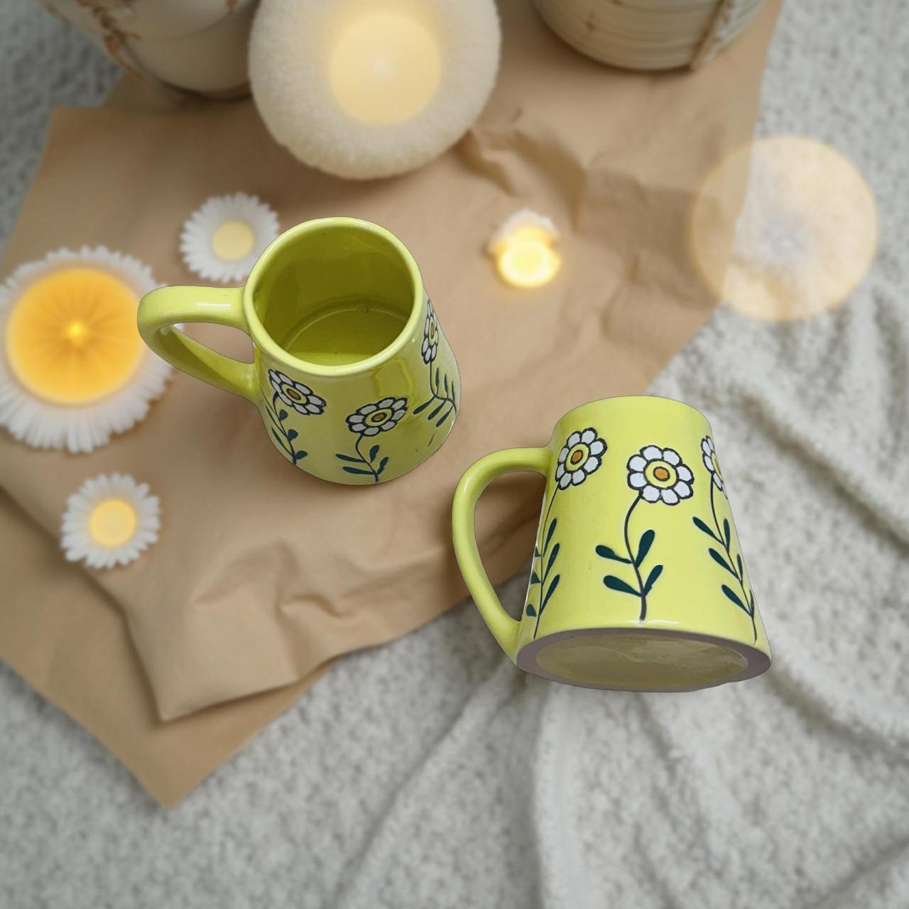 Sunshine Bloom Ceramic Mug Set of 2 | Floral Yellow Coffee & Tea Cups