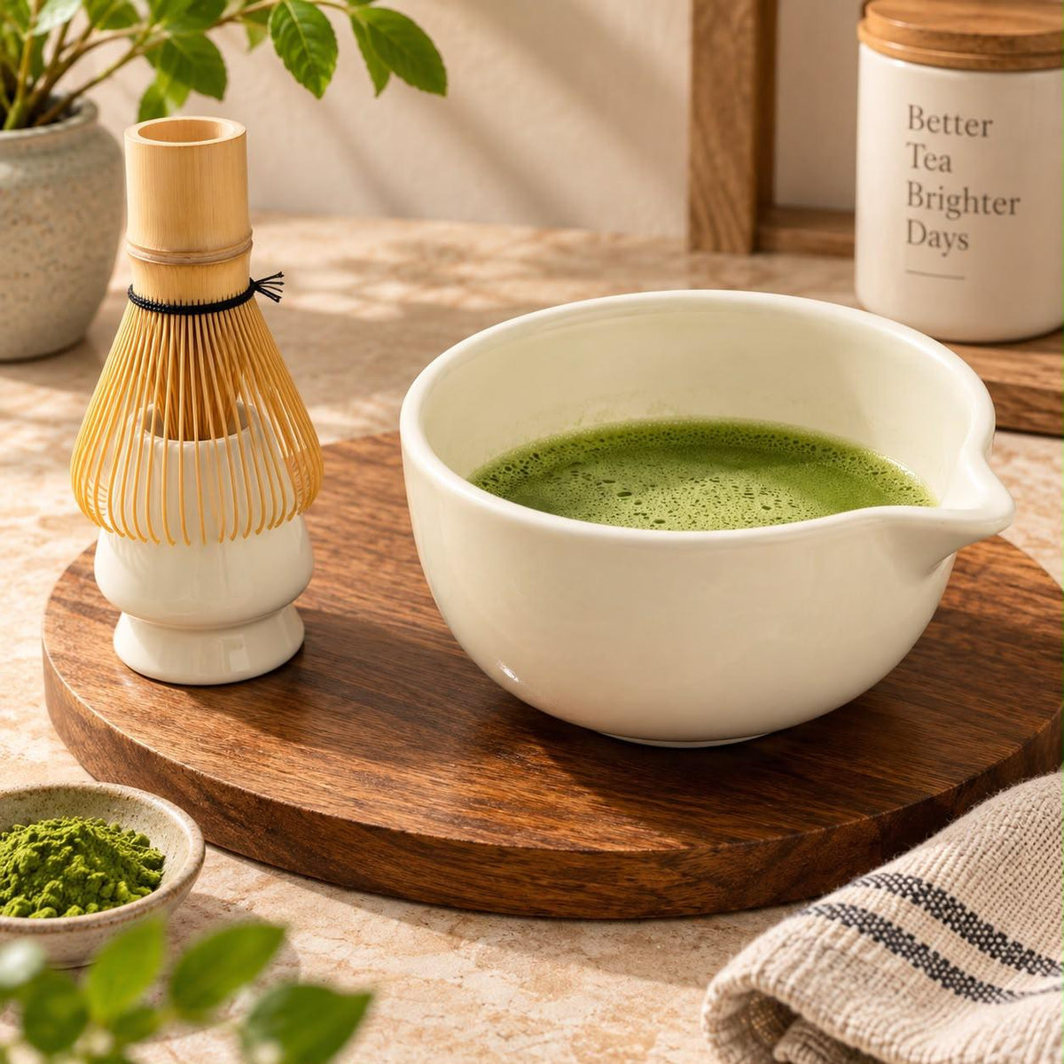 A white ceramic matcha tea bowl filled with green matcha tea, styled on a round wooden tray next to a bamboo whisk, with a small dish of matcha powder and a beige cloth in a warm, sunlit setting.