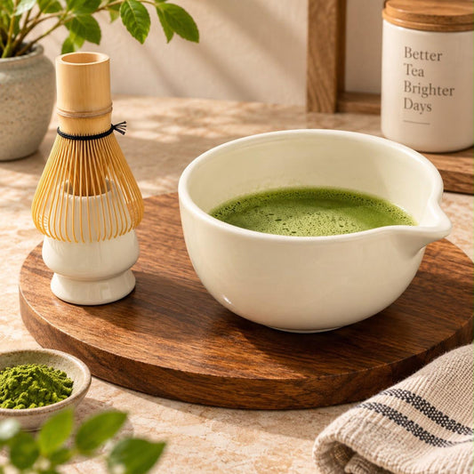 A white ceramic matcha tea bowl filled with green matcha tea, styled on a round wooden tray next to a bamboo whisk, with a small dish of matcha powder and a beige cloth in a warm, sunlit setting.