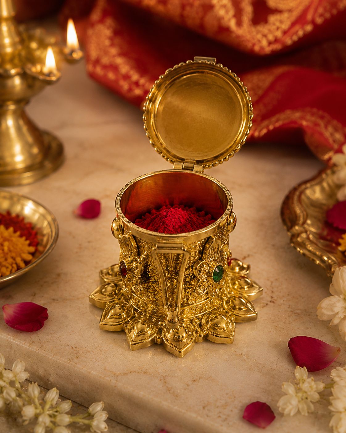 Ideal for storing kumkum, roli, chawal, haldi and pooja essentials with elegance