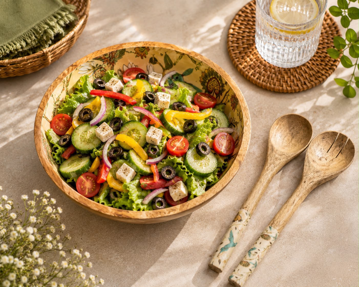 Decorative wooden serving bowl for salads fruits snacks and dry fruits