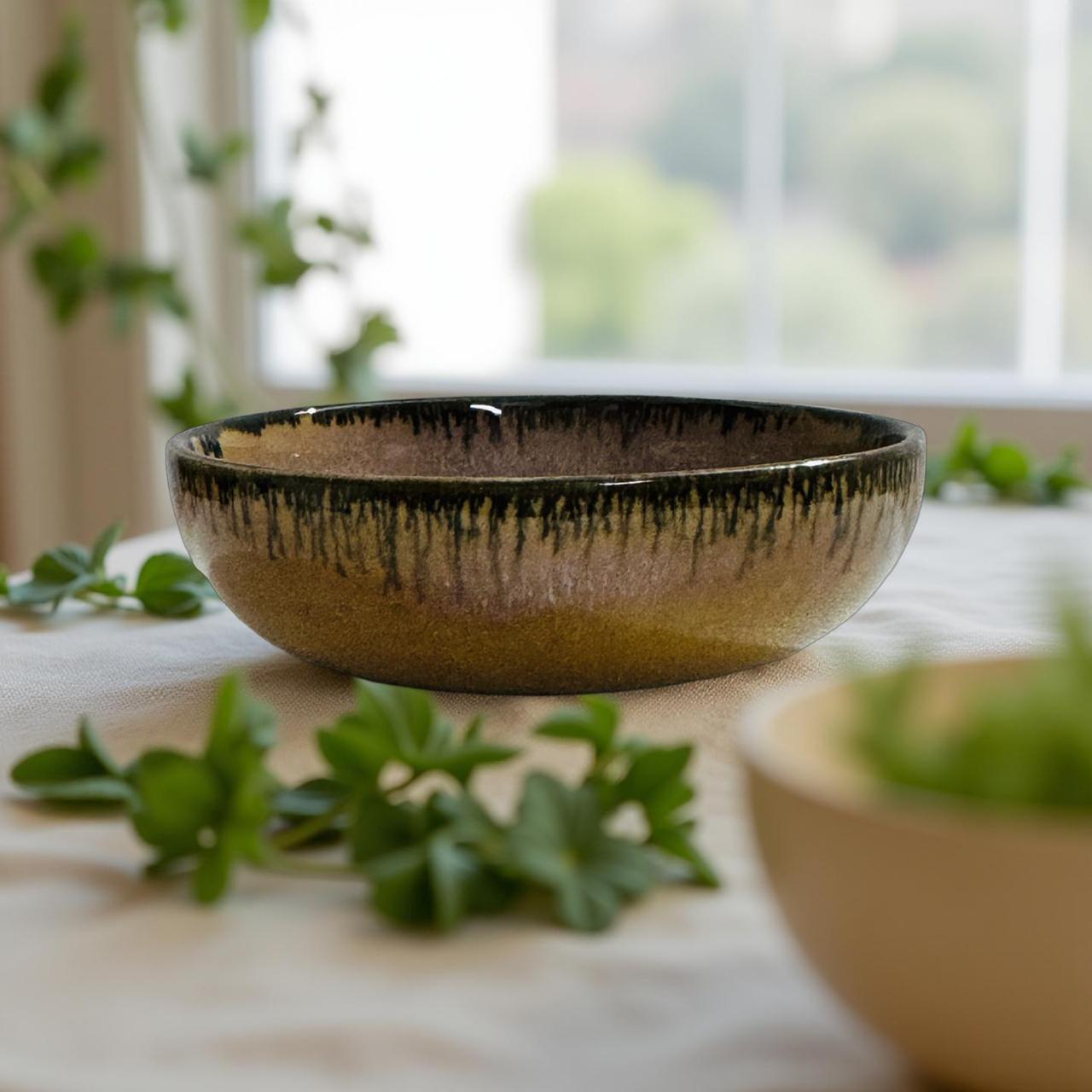 Ceramic bowl with black rim on a light surface with greenery