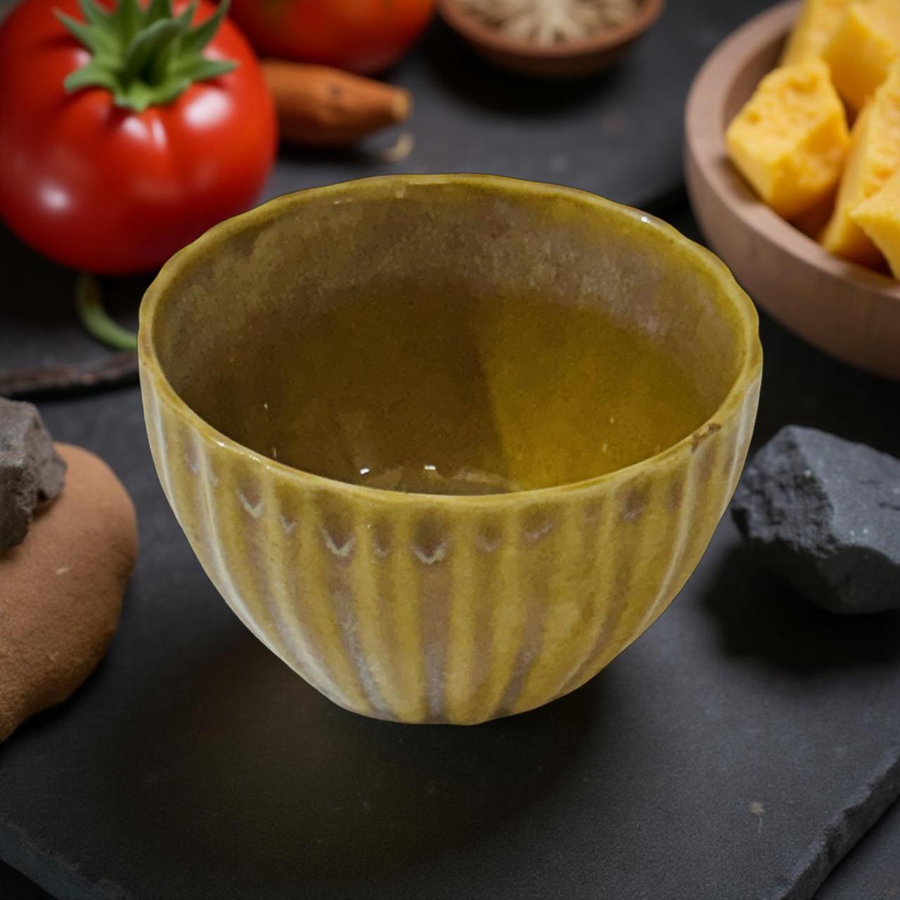 ceramic bowl on a dark surface with ingredients in the background
