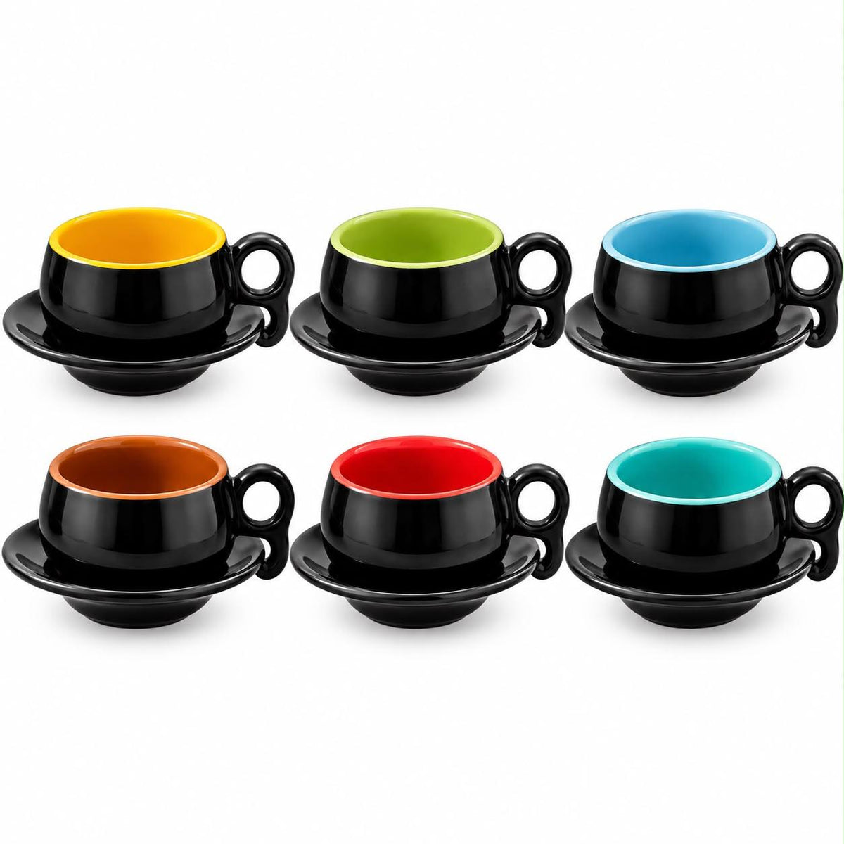 Black coffee cup and saucer set with yellow, green, blue, red and turquoise interiors for modern coffee tables