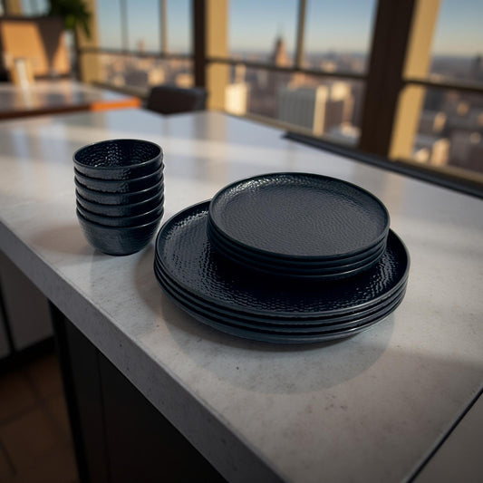 Black textured melamine dinner set for festive and elegant dining – 14 pieces