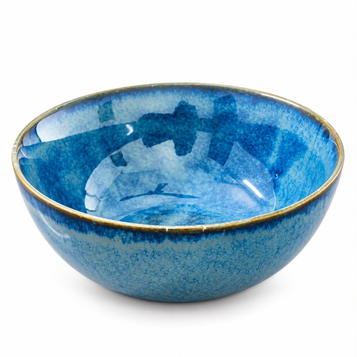A ceramic bowl with a vibrant blue speckled glaze and a contrasting gold-toned rim, shown on a clean white background.