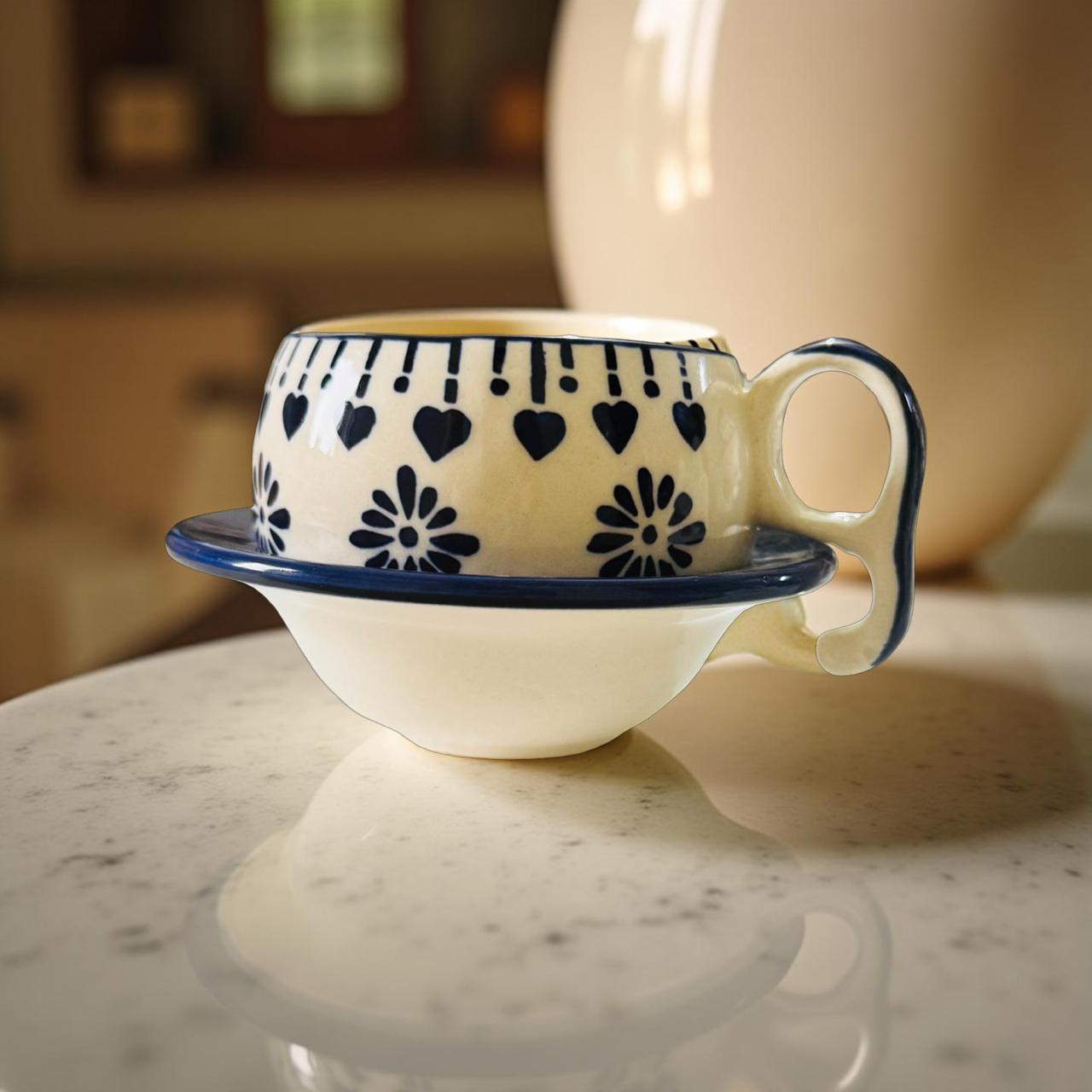 Ceramic cup with blue floral patterns on a marble surface