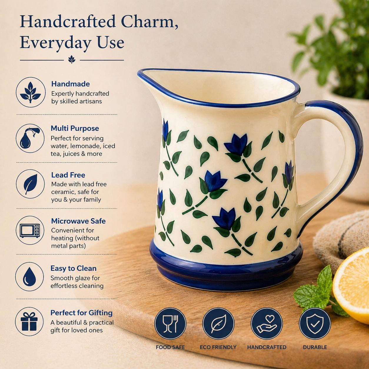 Handcrafted ceramic mug with floral design on a wooden surface, featuring text about its features.