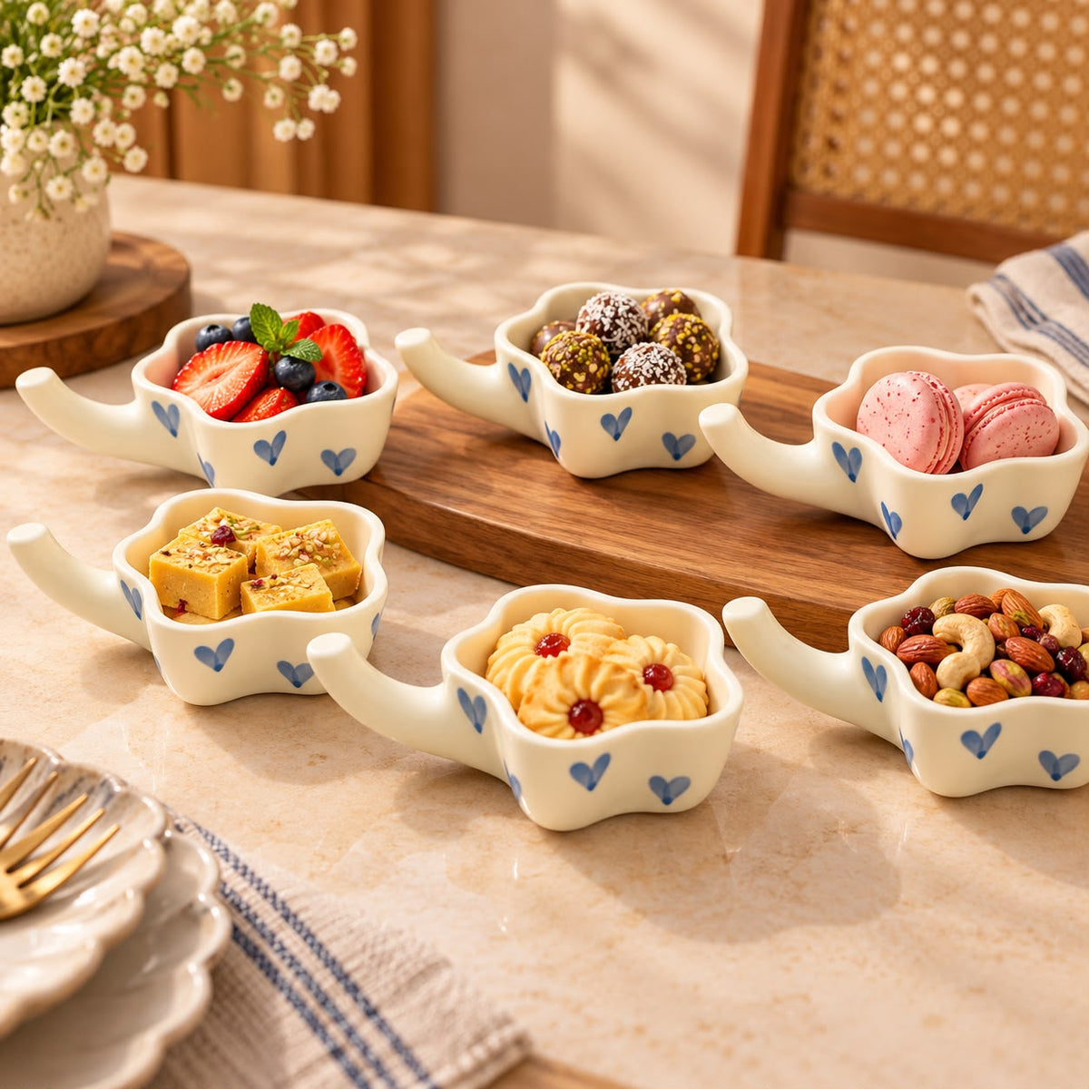Lupaava set of six ivory ceramic dessert bowls featuring blue heart motifs and extended handles