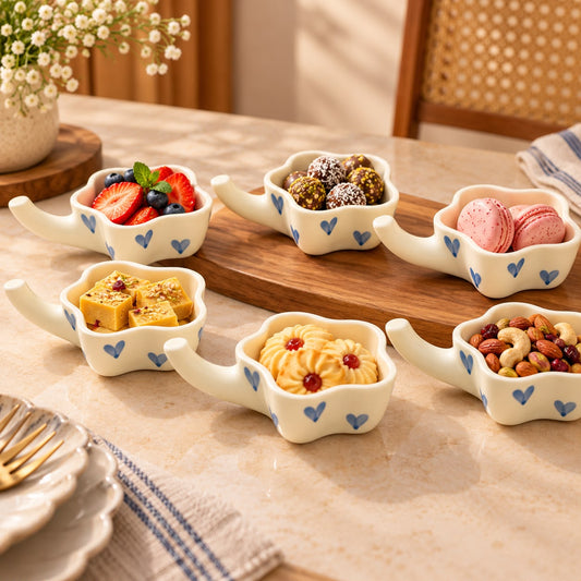Lupaava set of six ivory ceramic dessert bowls featuring blue heart motifs and extended handles