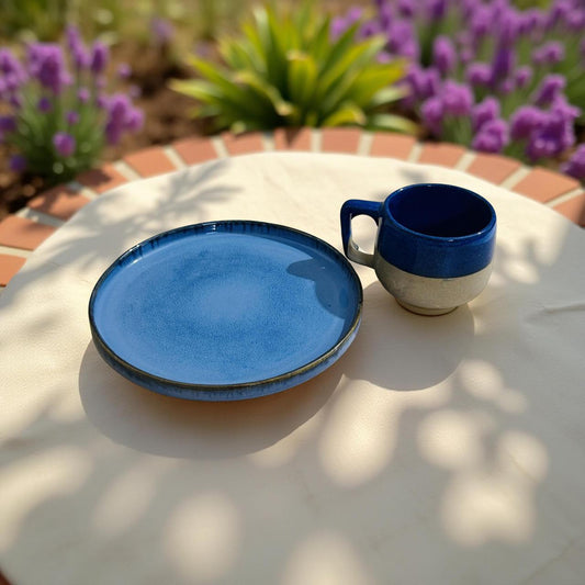 Blue ceramic plate and mug on a white surface with a garden background