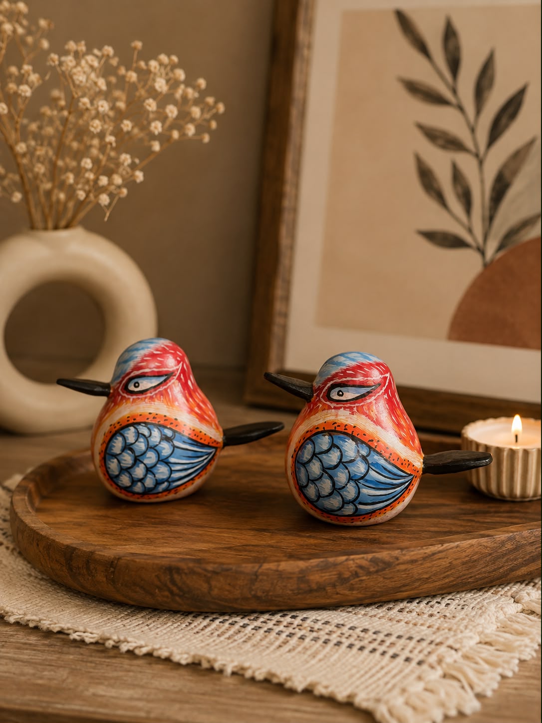 Two hand-painted wooden bird wind-up toys with red, orange, blue, and white patterns, resting on a round wooden tray with a lit candle nearby.