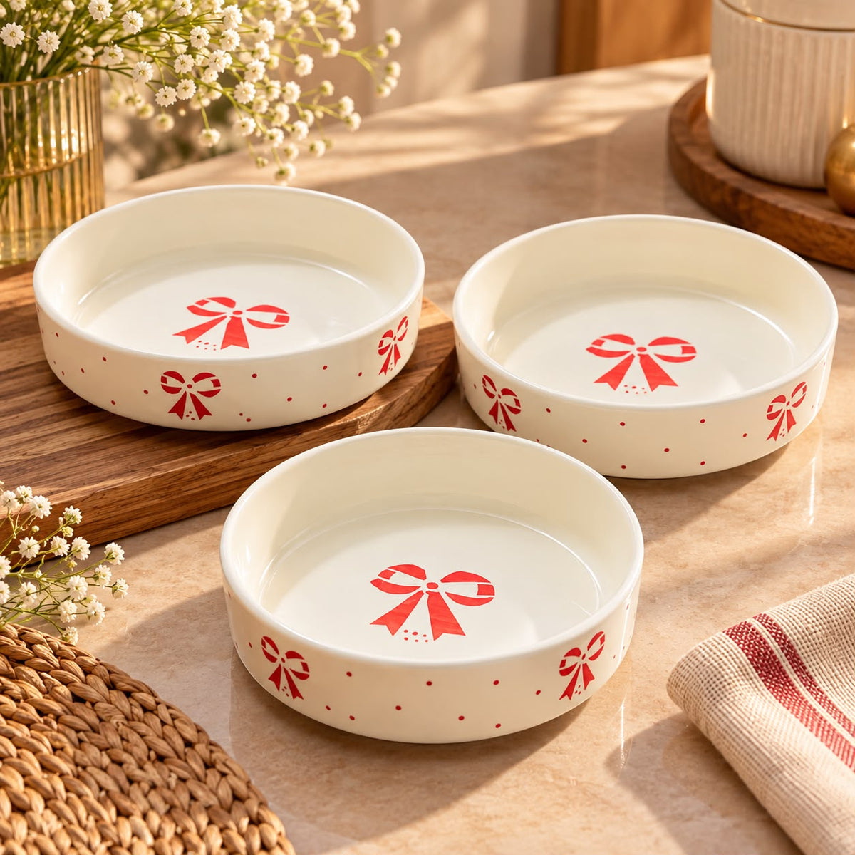 Red bow ceramic serving bowls set for snacks and desserts