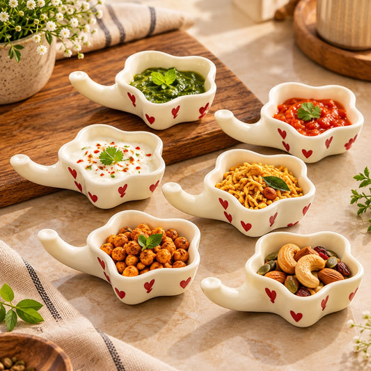 Lupaava set of 6 ivory ceramic snack bowls with red heart prints and side handles