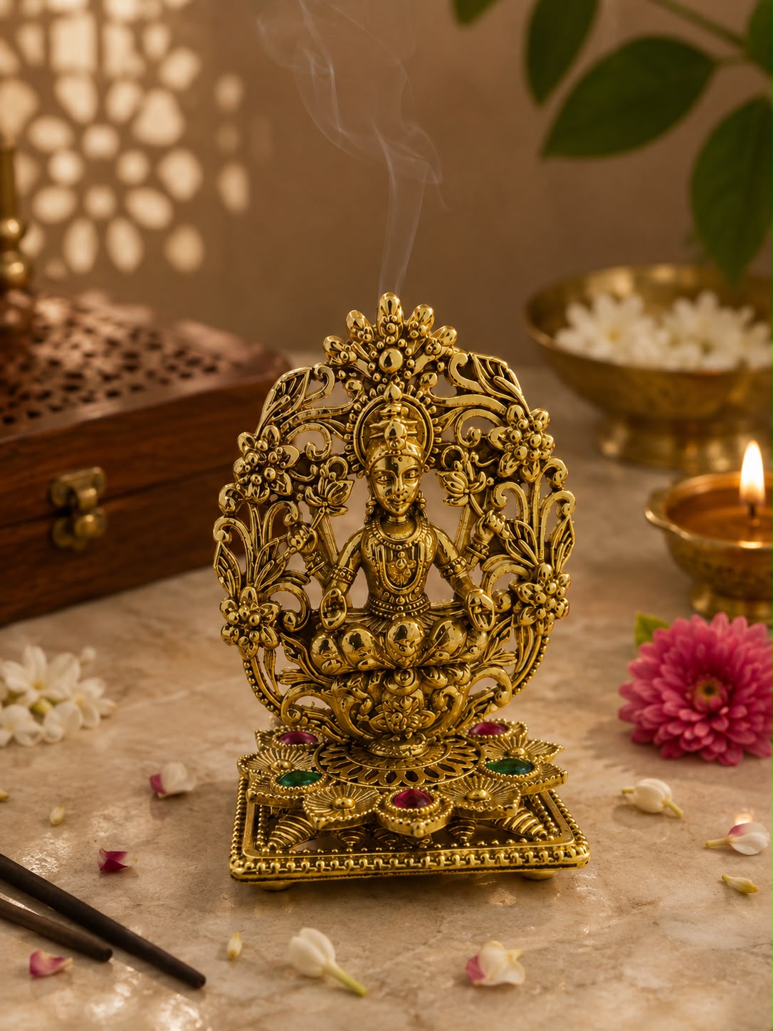 An ornate gold-toned metal incense burner figurine depicting a seated deity, with visible smoke rising from the top. The figurine is styled on a stone surface with a pink flower, a lit diya, a brass bowl, and a wooden box in a warm, atmospheric setting.