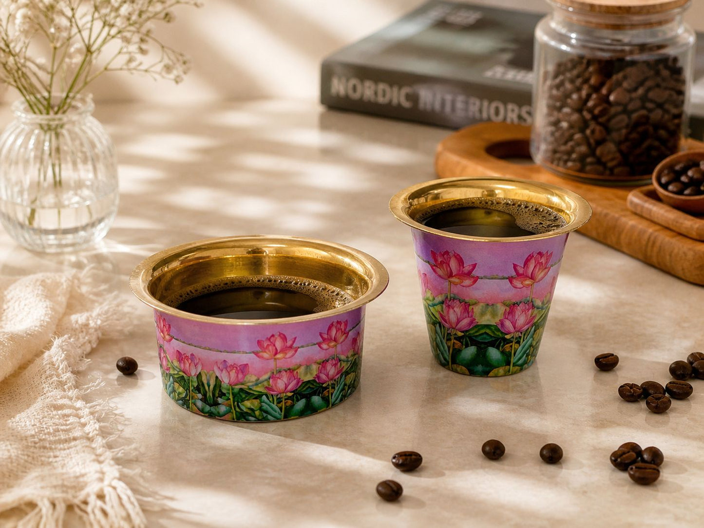 Traditional South Indian brass coffee tumbler and dabra set with elegant lotus design