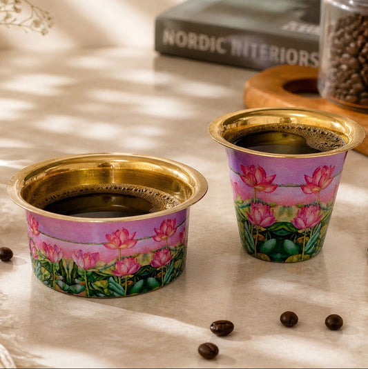 Traditional South Indian brass coffee tumbler and dabra set with elegant lotus design
