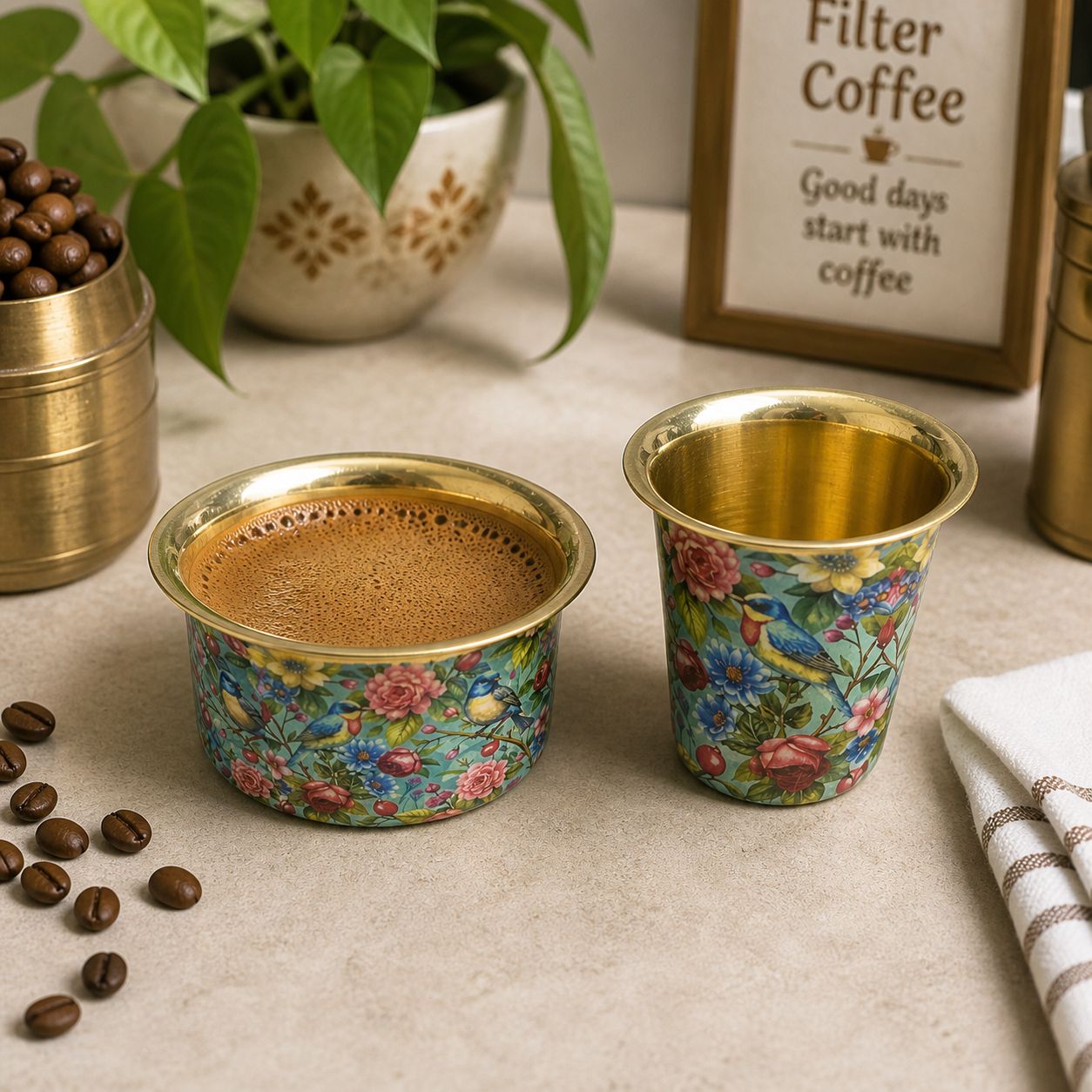 Handcrafted floral brass tumbler and dabra set for South Indian coffee
