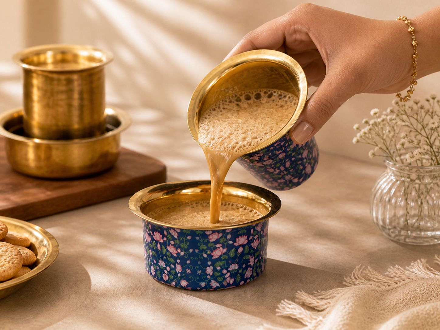 Premium brass coffee tumbler and dabra bowl with colorful floral bird design
