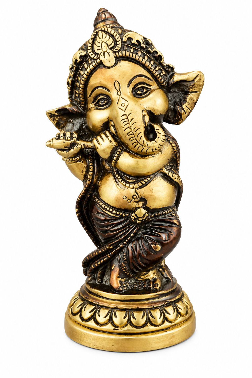 A decorative brass Lord Ganesha figurine with a polished gold finish and dark brown patina details, standing on an ornate circular base against a white background.