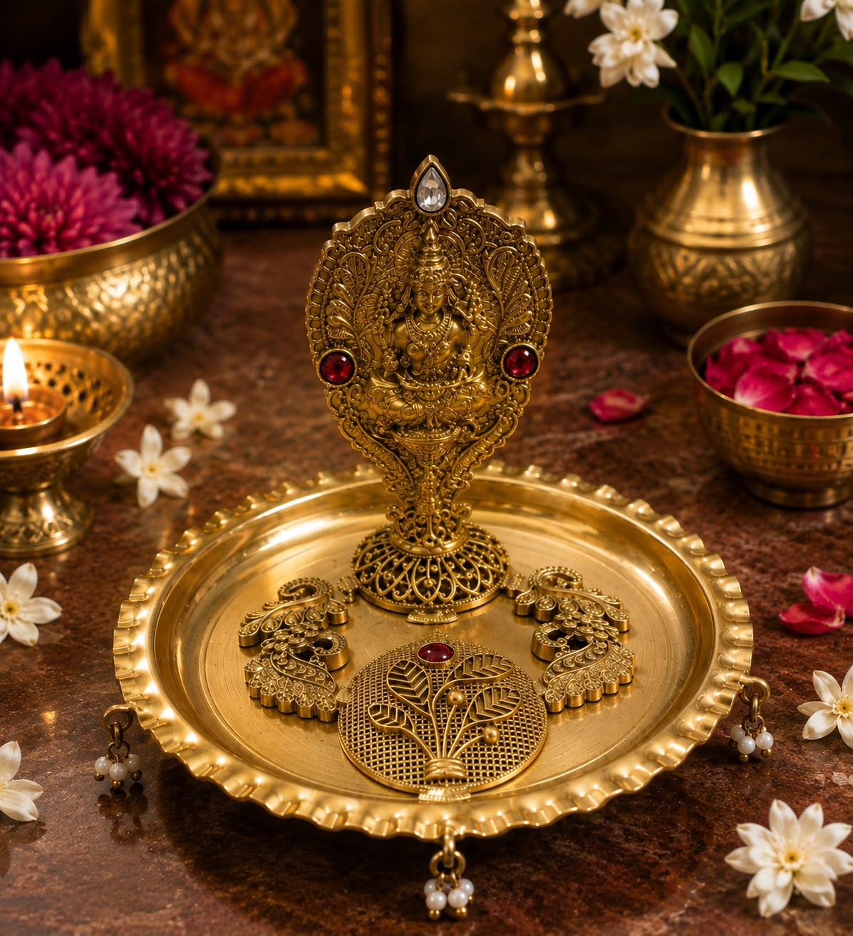 An ornate gold-toned decorative idol and matching tray displayed on a dark wooden surface, surrounded by flowers, lit candles, and brass vessels in a styled indoor setting.