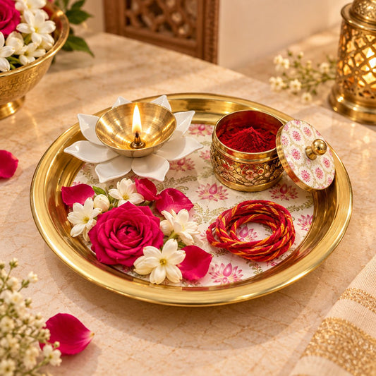 A decorative brass and white floral tray arranged with a lit brass diya, a small red powder container with a patterned lid, and a coiled red and gold thread bundle on a beige tablecloth, surrounded by flowers and petals.