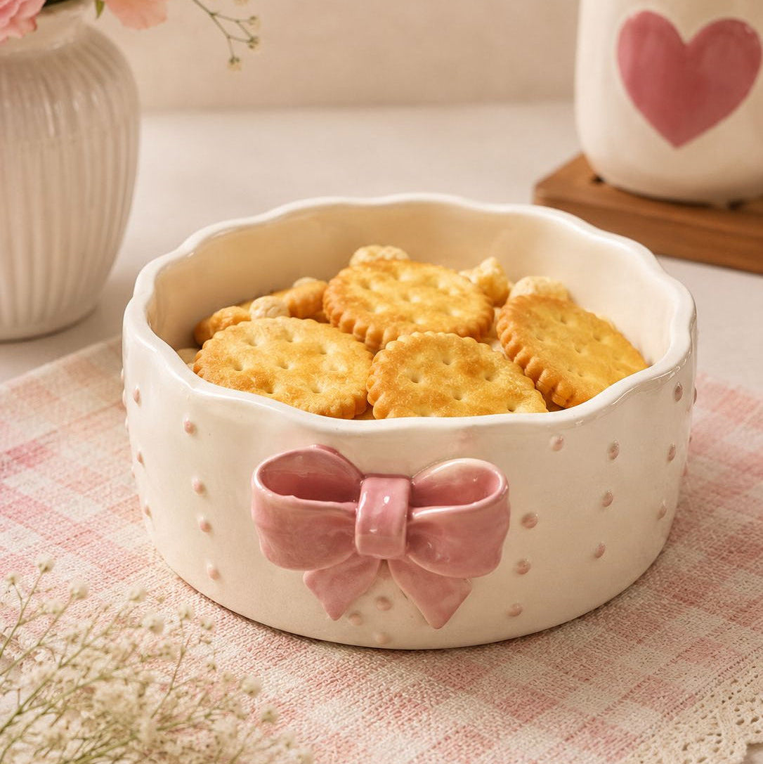 Adorable handcrafted ceramic bowl with raised pink bow detailing and scalloped edges