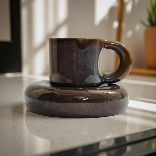 Brown ceramic cup and saucer on a marble surface with a blurred background
