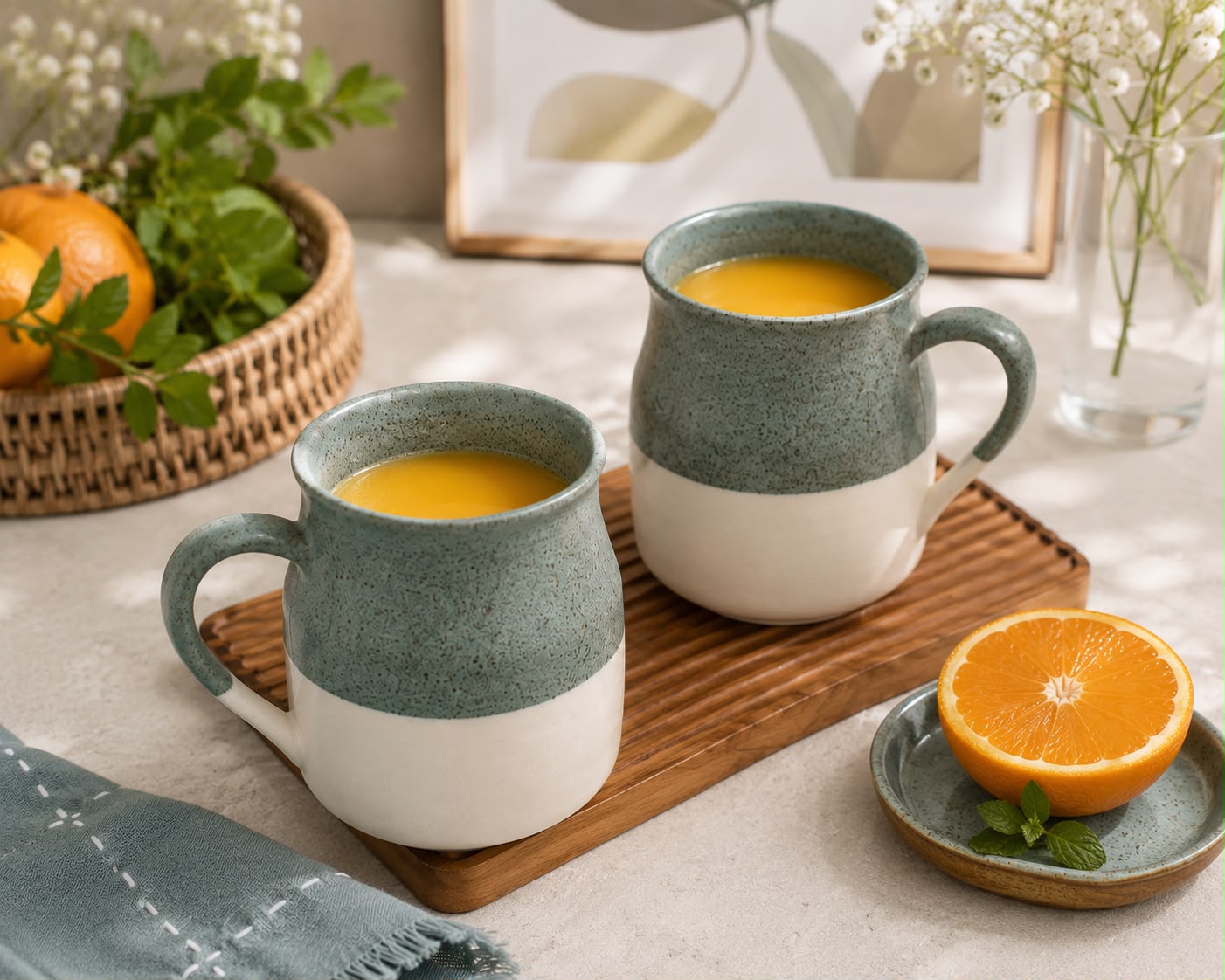 Two ceramic mugs with a two-tone sage green and white glaze, filled with orange juice, styled on a wooden board with oranges, a small plate, and a blue cloth on a light stone surface.