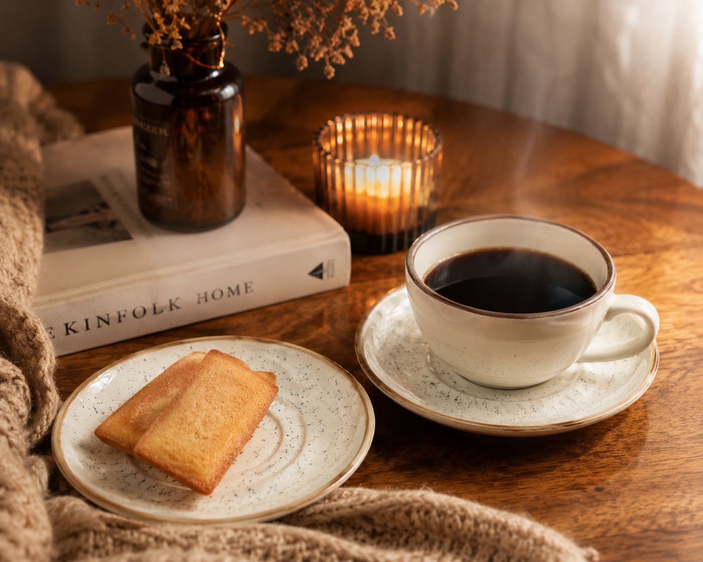 Cup of coffee with a biscuit on a saucer, book, and candle on a wooden table.