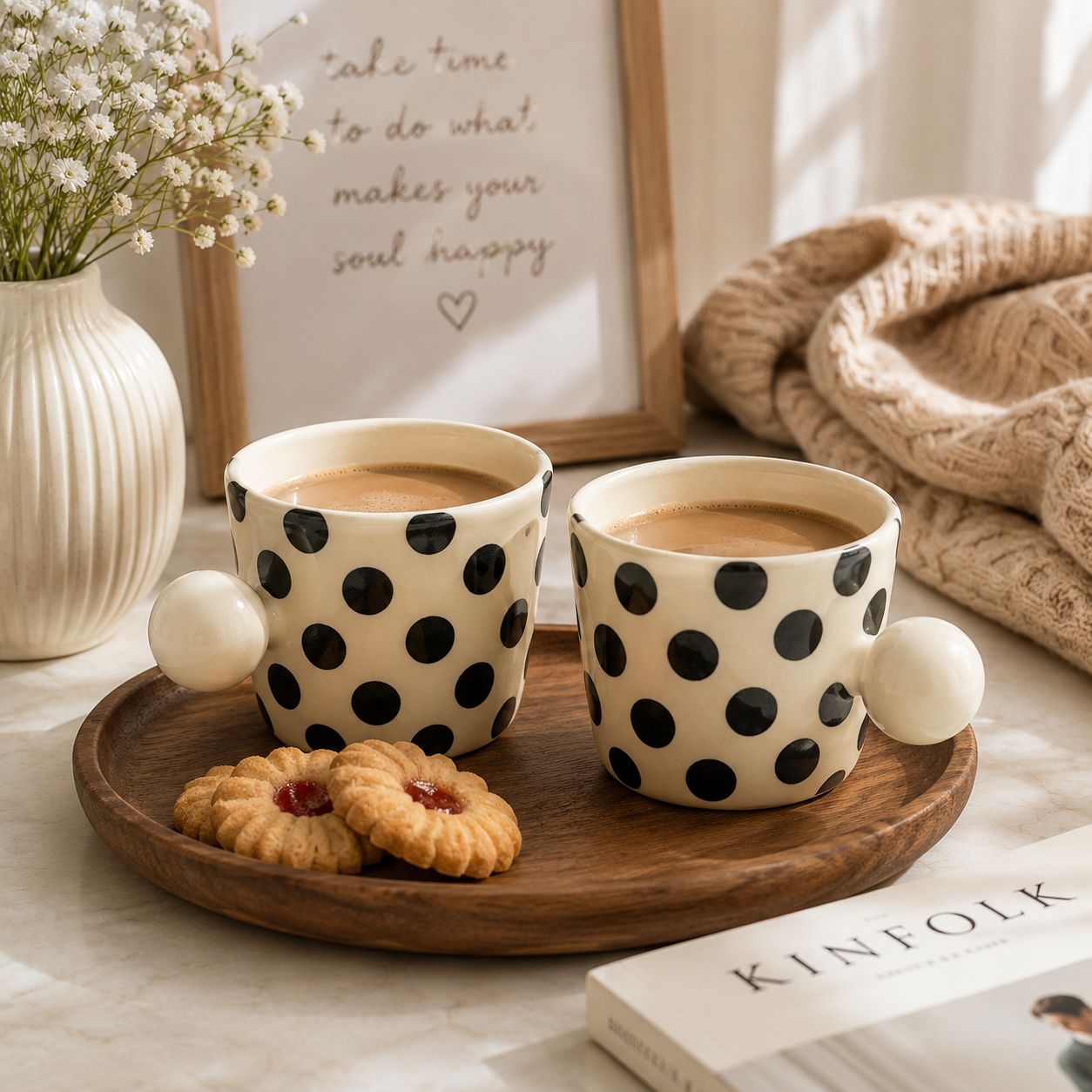Two cream ceramic mugs with black polka dots and white spherical handles, filled with coffee, sit on a wooden tray with two cookies. The scene is styled with a white ribbed vase of baby's breath, a cozy knit blanket, and a framed print in a bright, warm interior.