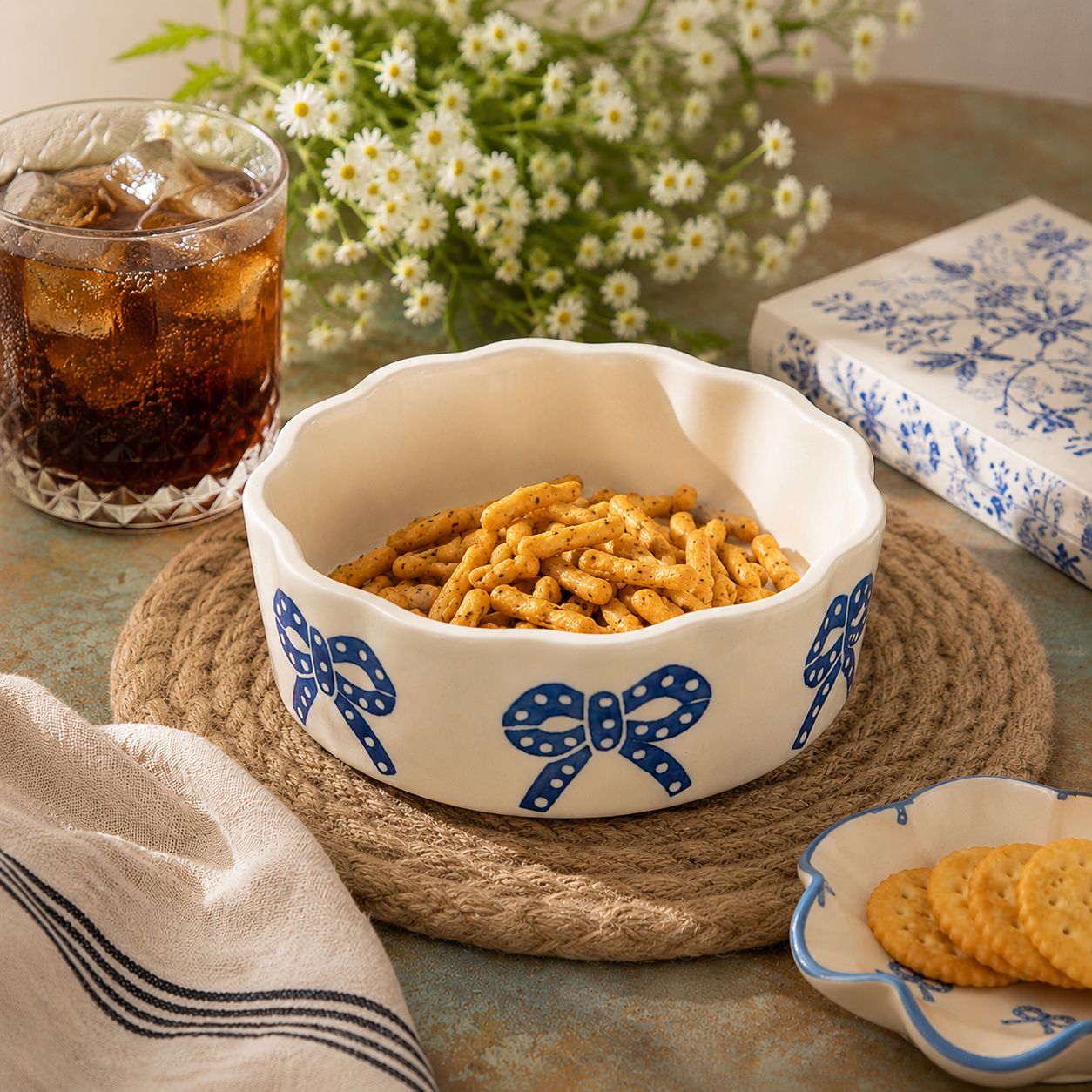 A white ceramic bowl with blue bow patterns, filled with golden pretzel sticks, set on a woven placemat. The scene is styled with a glass of iced cola, a small dish of crackers, and white daisies in the background.
