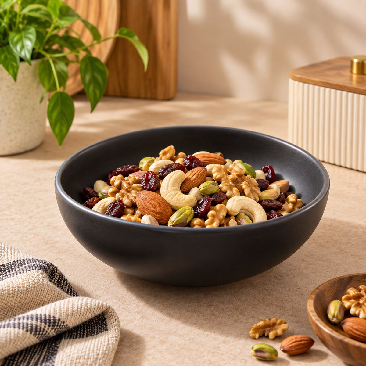 A black ceramic bowl filled with mixed nuts and dried fruit, set on a beige tabletop with a potted plant, wooden board, ribbed box, and a small wooden dish in a styled kitchen scene.