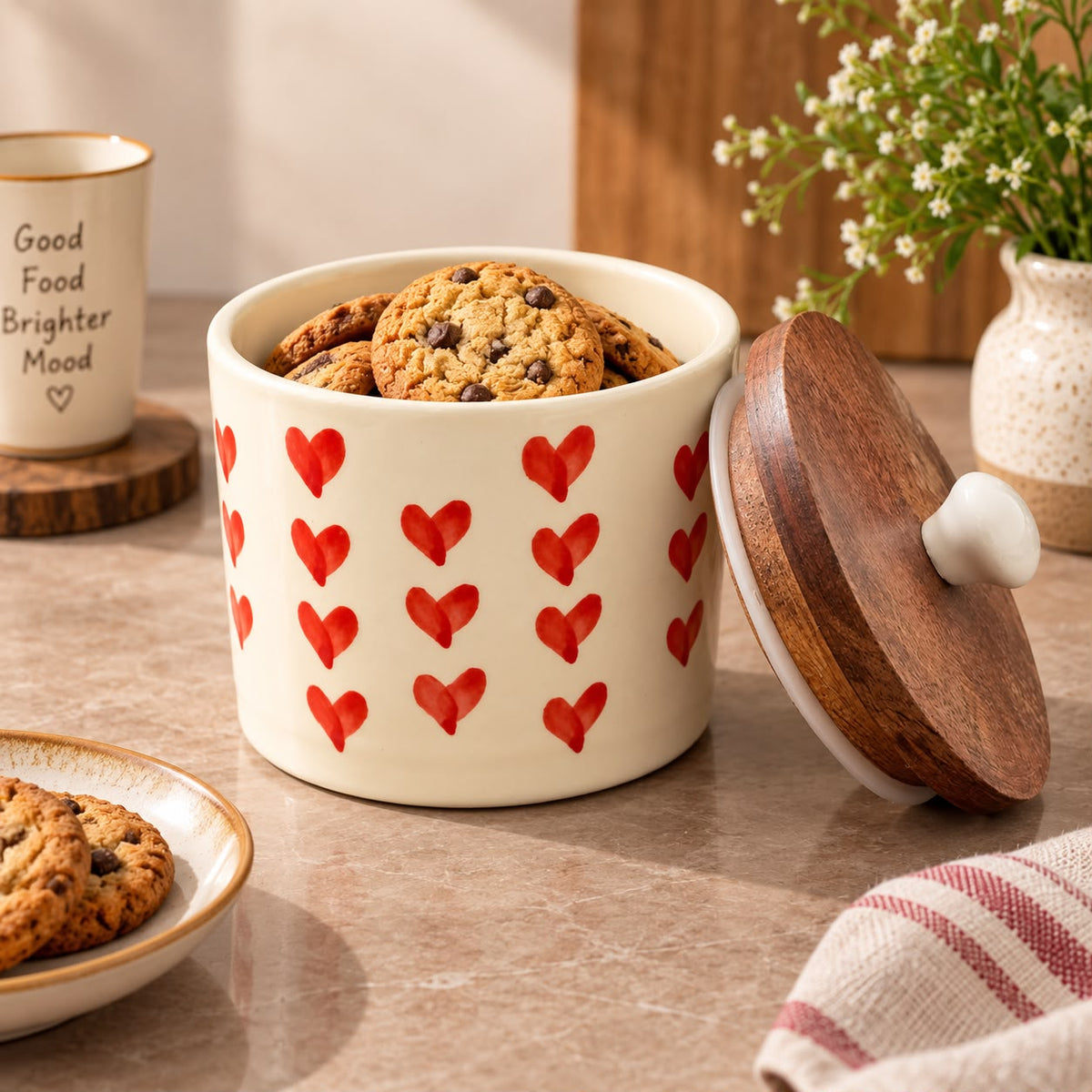 Heart print ceramic biscuit canister with wooden lid