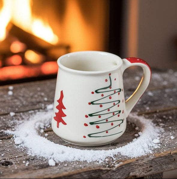 White mug with red and green design on a wooden surface in front of a fireplace.