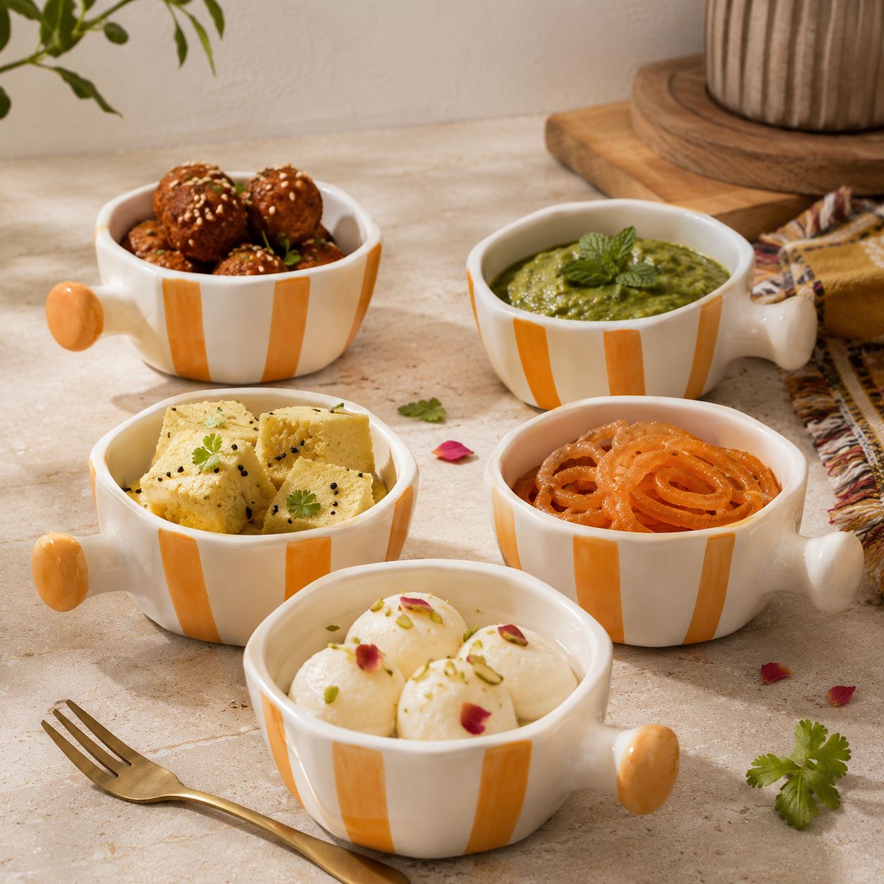 Set of small bowls with various Indian snacks on a wooden surface.
